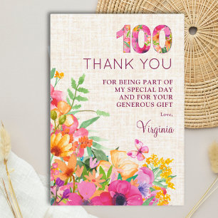Tarjeta De Agradecimiento Cumpleaños número 100 elegante floral femenino
