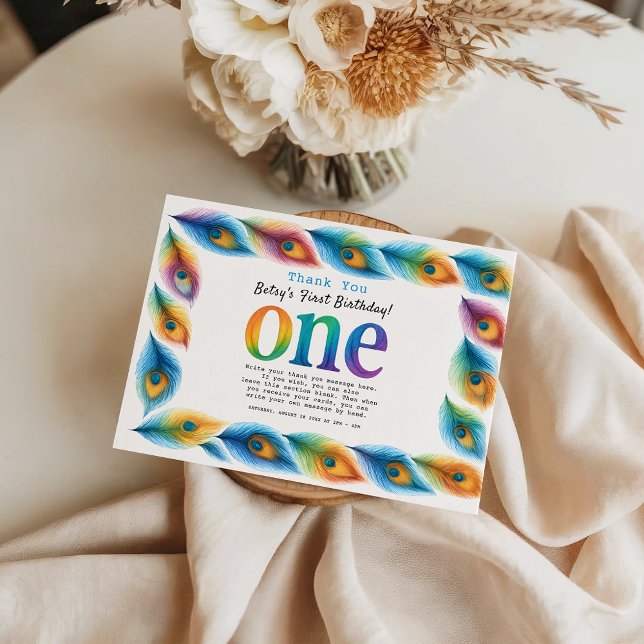 Tarjeta De Agradecimiento Cumpleaños número 1 de Acuarela Arcoíris | Bebé Co (Rainbow Watercolor 1st Birthday | Colorful Baby thank you card
)