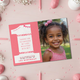 Tarjeta De Agradecimiento Cumpleaños número 1 de niñas en rosa una foto