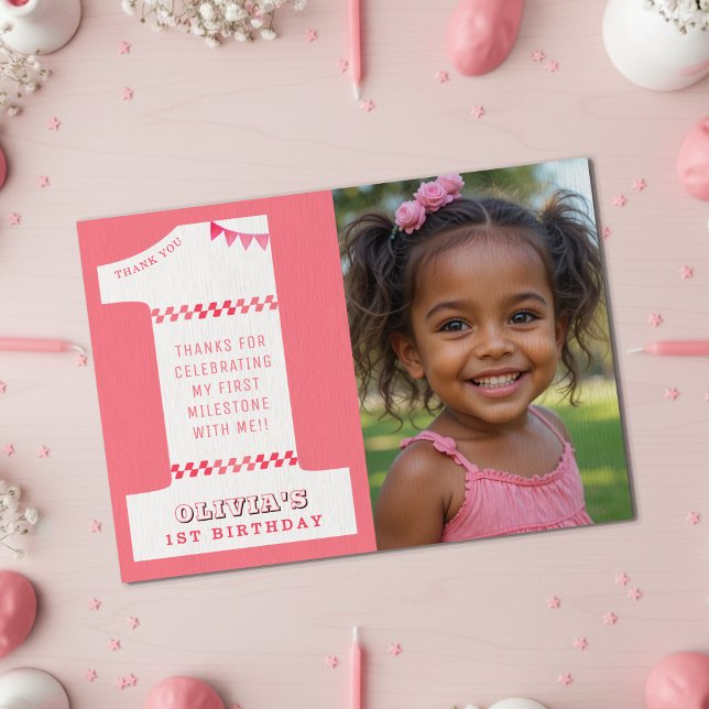Tarjeta De Agradecimiento Cumpleaños número 1 de niñas en rosa una foto (1st Birthday Party Girls Pink One Photo Thank You Card
)