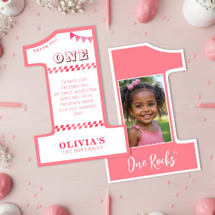 Tarjeta De Agradecimiento Cumpleaños número 1 de niñas en rosa una foto