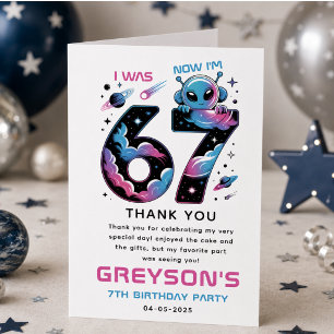 Tarjeta De Agradecimiento Cumpleaños número 7 de Cute Space Seis y Siete A