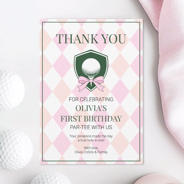 Tarjeta De Agradecimiento Cumpleaños número uno de niñas rosa golf moderno h (Pink Golf Modern Hole In One Girls 1st Birthday Thank You Card)