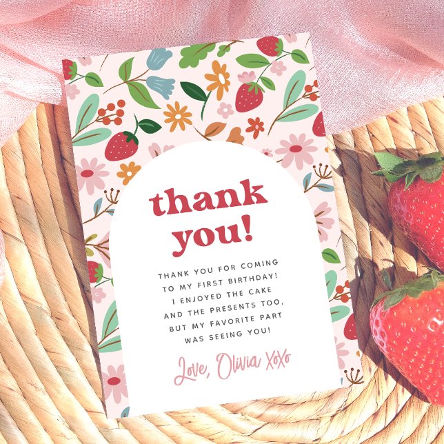 Tarjeta De Agradecimiento Cumpleaños número uno de Strawberry Berry (Card Front Mock-up)