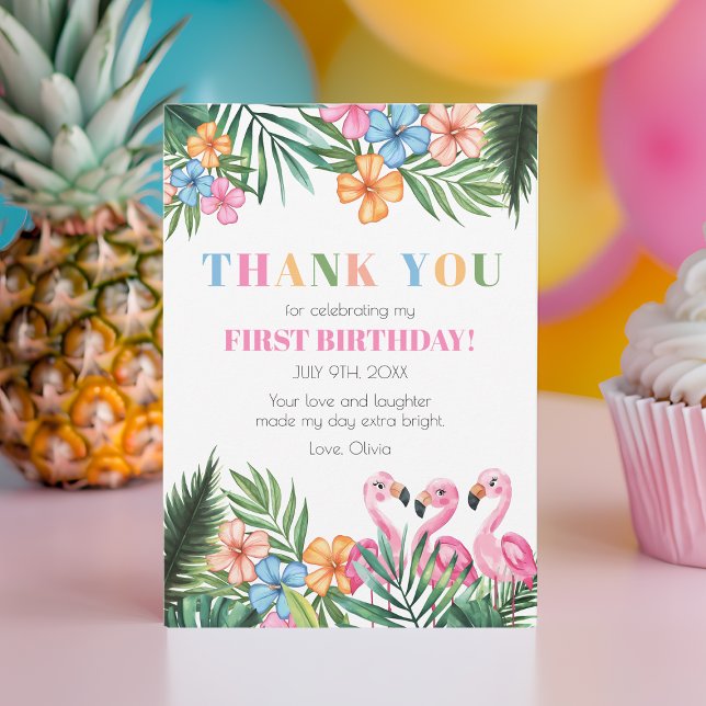 Tarjeta De Agradecimiento Cumpleaños número uno de verano tropical flamenco  (Summer Tropical Flamingo Kids First 1st Birthday Thank You Card)