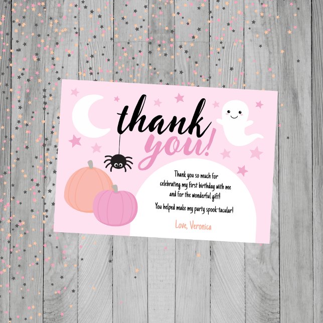 Tarjeta De Agradecimiento Cumpleaños número uno espeluznante rosa (Pink Halloween Thank You Card)