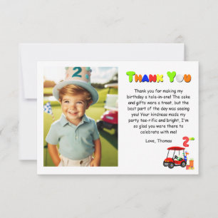 Tarjeta De Agradecimiento Cumpleaños Patrón Carrito de Golf Rojo Niño 2 Años