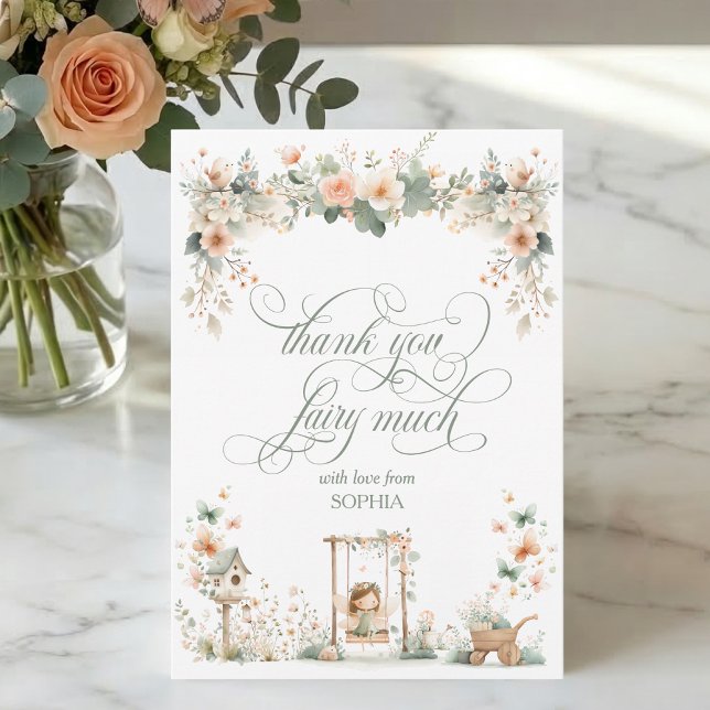 Tarjeta De Agradecimiento Cumpleaños personalizado de hada para primero (elegant cute fairy first floral enchanted garden thank you fairy much card with script calligraphy)