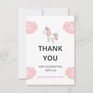 Tarjeta De Agradecimiento Cumpleaños Personalizado de Unicornio Rosa Lindo