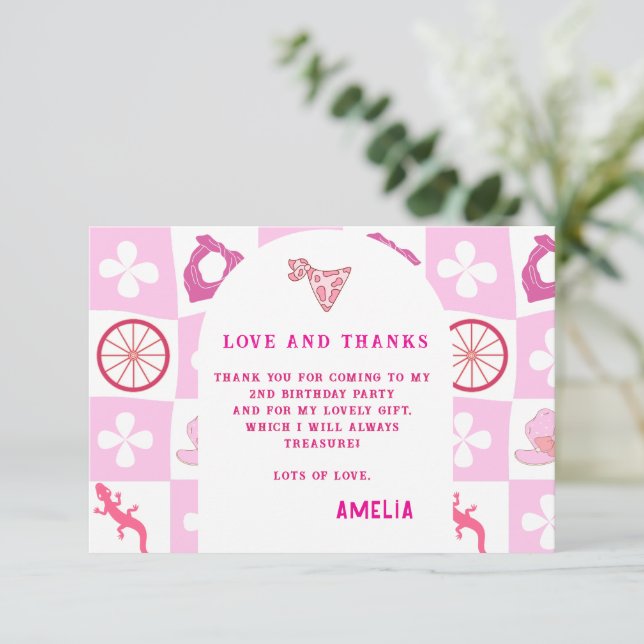 Tarjeta De Agradecimiento Cumpleaños Personalizado de Vaquera Rosa a Cuadros (Anverso de pie)