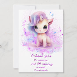 Tarjeta De Agradecimiento Cumpleaños personalizado Unicornio Rosa y Morado 1