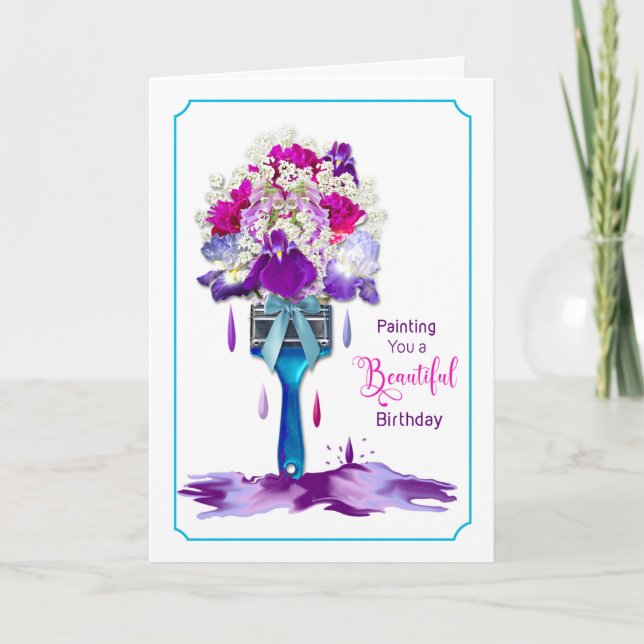 Tarjeta De Agradecimiento Cumpleaños, pincel de flores brillantes (Anverso)