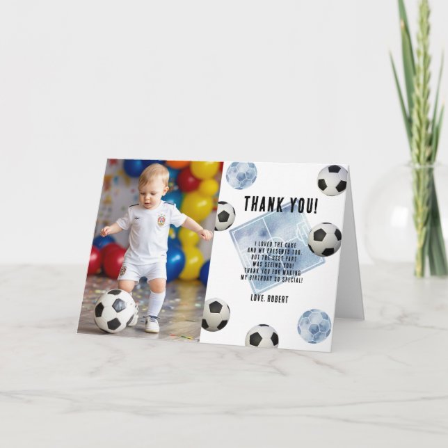 Tarjeta De Agradecimiento Cumpleaños primer año fútbol Gracias (Anverso)