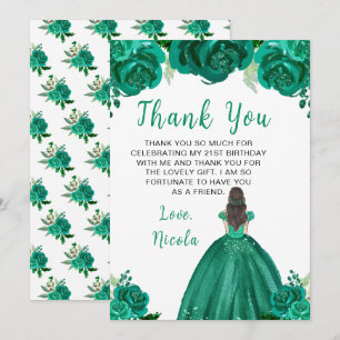Tarjeta De Agradecimiento Cumpleaños Princesa Cabello Castaño Fiesta Floral 