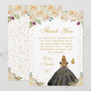 Tarjeta De Agradecimiento Cumpleaños Princesa Cabello Rubio Floral Crema