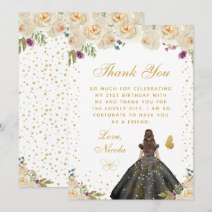 Tarjeta De Agradecimiento Cumpleaños Princesa de Pelo Moreno Floral Crema
