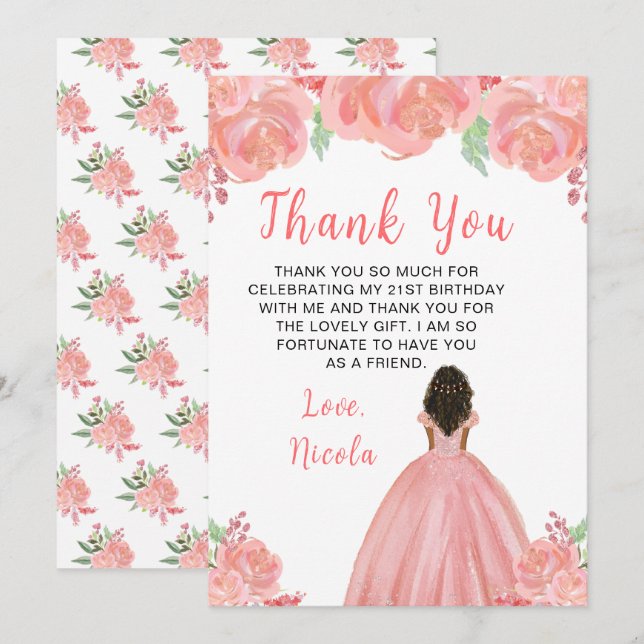 Tarjeta De Agradecimiento Cumpleaños Princesa de Piel Oscura con Flores Rosa (Anverso / Reverso)