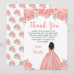Tarjeta De Agradecimiento Cumpleaños Princesa de Piel Oscura con Flores Rosa