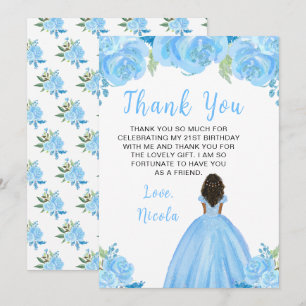 Tarjeta De Agradecimiento Cumpleaños Princesa de Piel Oscura Floral Azul
