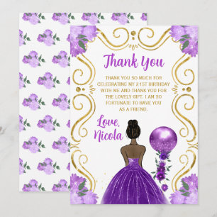 Tarjeta De Agradecimiento Cumpleaños Princesa de Piel Oscura Púrpura Feliz C