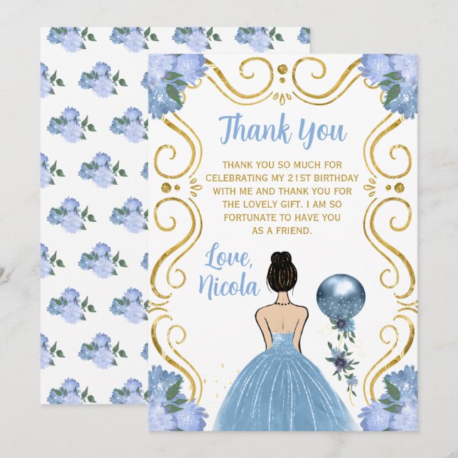 Tarjeta De Agradecimiento Cumpleaños Princesa Pelo Marrón Azul  (Anverso / Reverso)