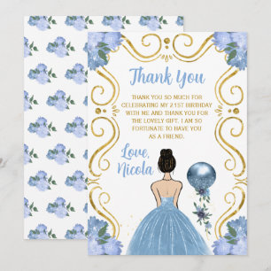 Tarjeta De Agradecimiento Cumpleaños Princesa Pelo Marrón Azul 