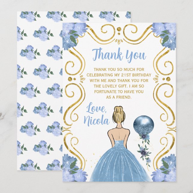 Tarjeta De Agradecimiento Cumpleaños Princesa Rubia Azul  (Anverso / Reverso)