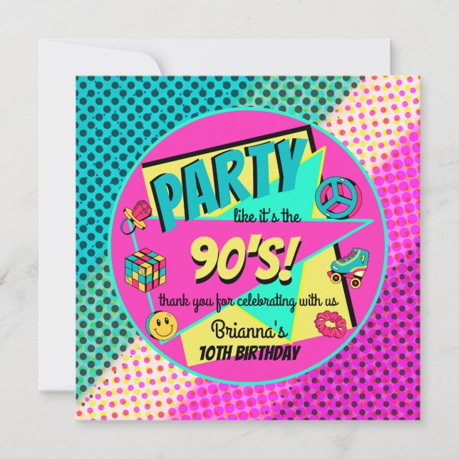 Tarjeta De Agradecimiento Cumpleaños retro neon arcoíris de los 90 para cual (Anverso)