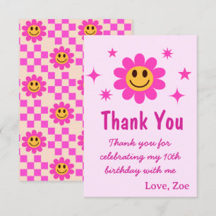 Tarjeta De Agradecimiento Cumpleaños Retro Niña Flor Sonriente 