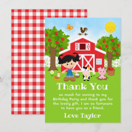 Tarjeta De Agradecimiento Cumpleaños Rojo Granja Niña Pelo Negro