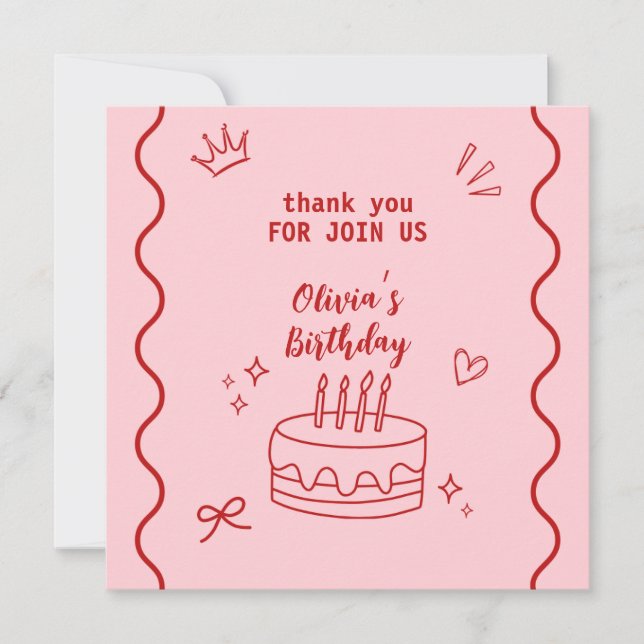 Tarjeta De Agradecimiento Cumpleaños Rojo y Rosa (Anverso)