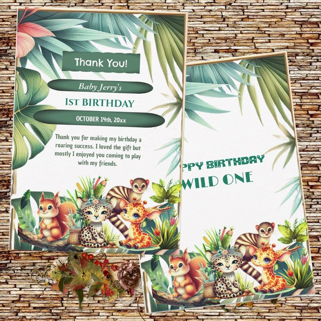 Tarjeta De Agradecimiento Cumpleaños Salvaje Uno Selva Safari Vegetación Tro (Wild One Birthday Jungle Safari Tropical Leaves Greenery Thank You Card)