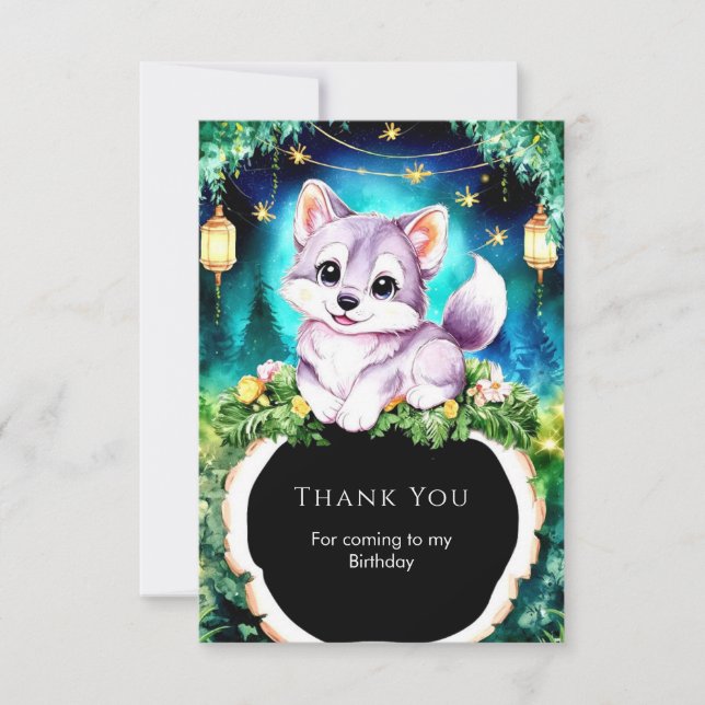 Tarjeta De Agradecimiento Cumpleaños Simple Boho Encantador Lobo (Anverso)