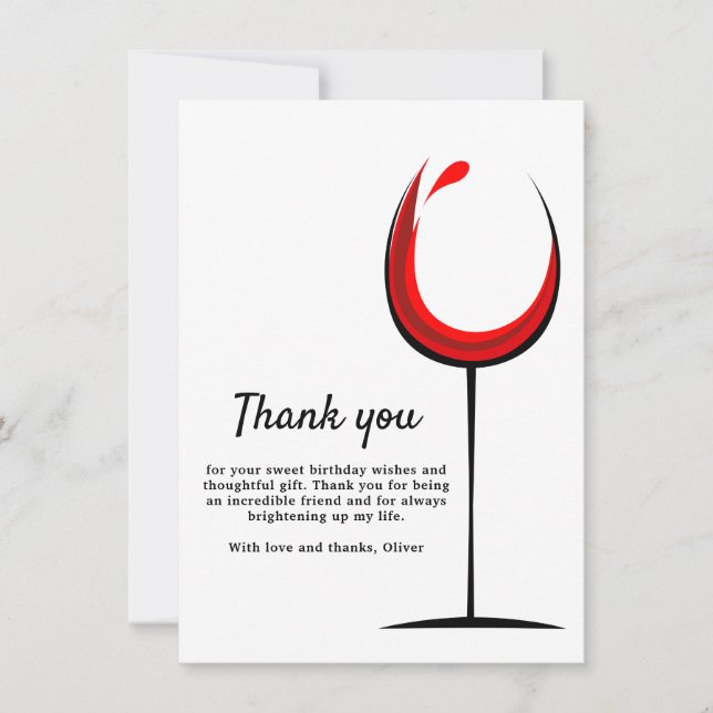 Tarjeta De Agradecimiento Cumpleaños Simple Copa de Vino Tinto  (Anverso)