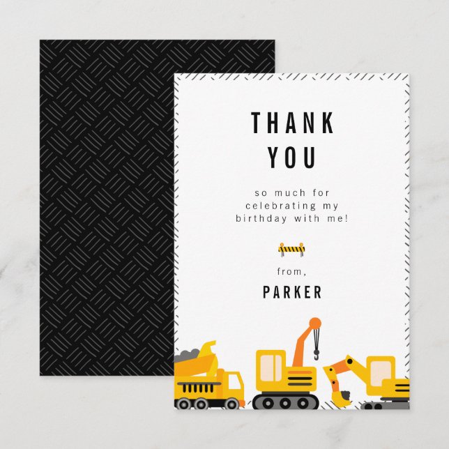 Tarjeta De Agradecimiento Cumpleaños tema camiones de construcción  (Anverso / Reverso)