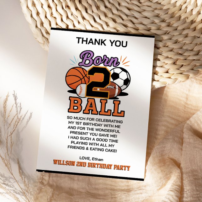 Tarjeta De Agradecimiento Cumpleaños Temático de Deportes Niño de 2 Años Bor (Born 2 Ball Sports-Themed Boy 2nd Birthday Party Thank You Card)
