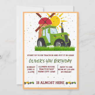 Tarjeta De Agradecimiento Cumpleaños Temático de Niños con Tractor Verde