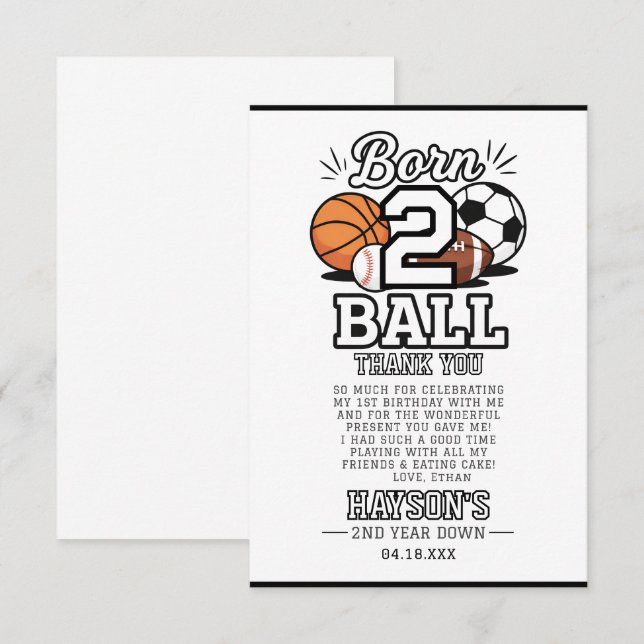 Tarjeta De Agradecimiento Cumpleaños Temático Deportes Born 2 Ball Niño 2 Añ (Anverso / Reverso)