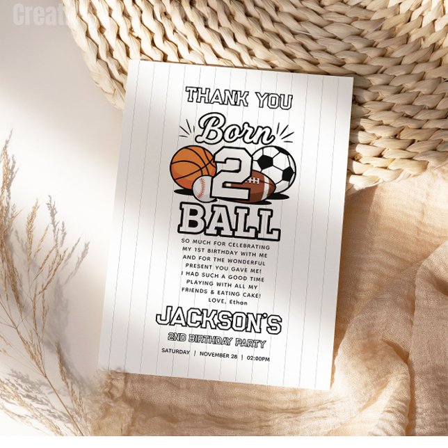 Tarjeta De Agradecimiento Cumpleaños Temático Deportes Niño de 2 Años Partid (Born 2 Ball Sports Themed Boy 2nd Birthday Party Thank You Card
)