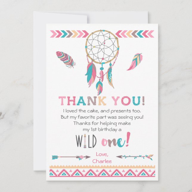 Tarjeta De Agradecimiento Cumpleaños tribal salvaje Boho del chica el un le (Anverso)