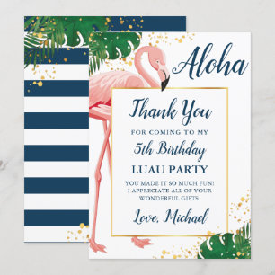 Tarjeta De Agradecimiento Cumpleaños Tropical Aloha Flamingo Azul Dorado