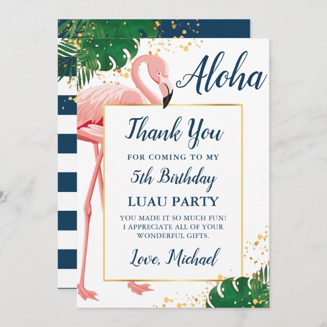 Tarjeta De Agradecimiento Cumpleaños Tropical Azul Dorado Aloha Flamingo (Anverso / Reverso)