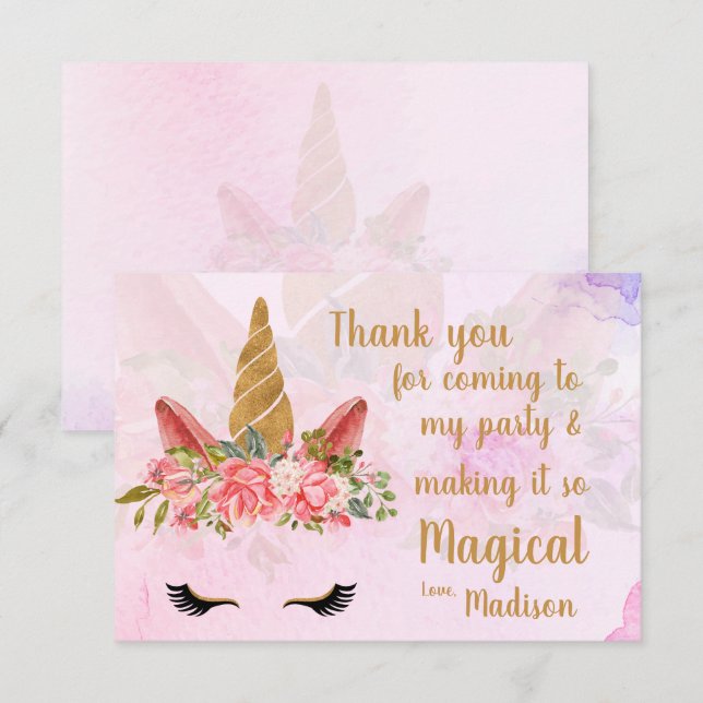 Tarjeta De Agradecimiento Cumpleaños Unicornio Floral Pasta Rosa Bonita (Anverso / Reverso)