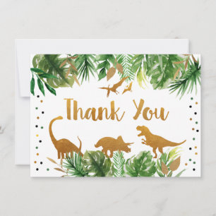 Tarjeta De Agradecimiento Cumpleaños Verde y Dorado de Dinosaurio Agradecimi