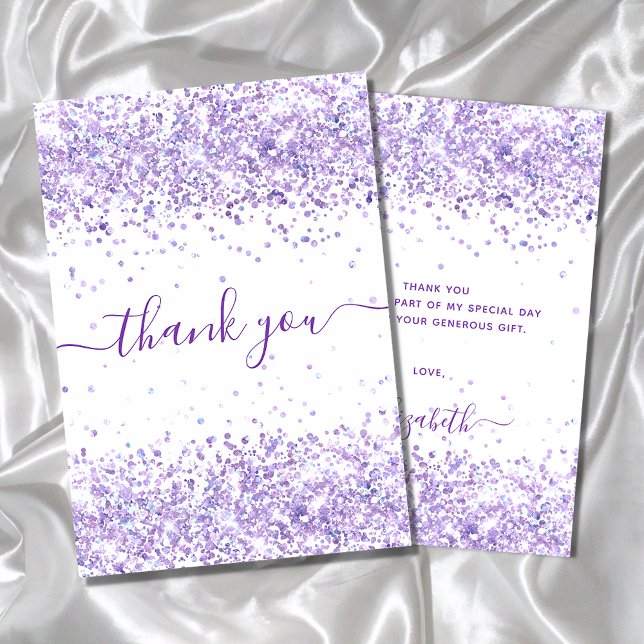 Tarjeta De Agradecimiento Cumpleaños violeta purpurina morado blanco gracias (Subido por el creador)
