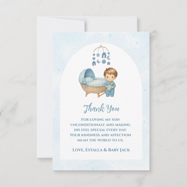 Tarjeta De Agradecimiento Cuna móvil cúbica azul lindo Baby Shower (Anverso)