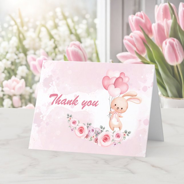 Tarjeta De Agradecimiento Cunte Bunny Pink Primer Chica de cumpleaños Primav (Cute Bunny Pink 1st Birthday Girl Floral Spring Thank You Card)