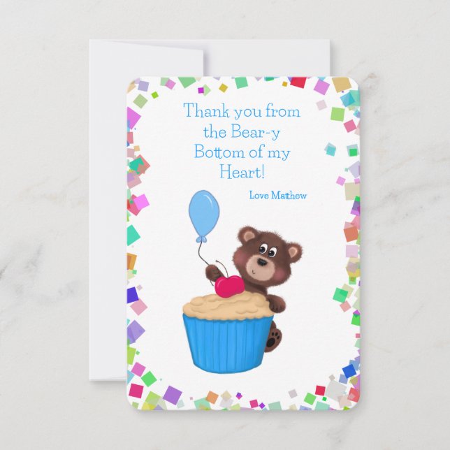 Tarjeta De Agradecimiento Cupcake de cumpleaños Oso Azul Bebé Dulce (Anverso)