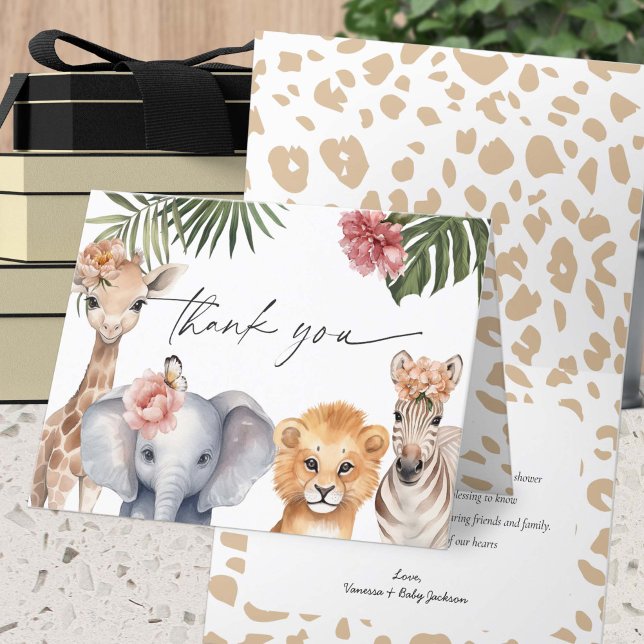 Tarjeta De Agradecimiento Cura Safari Animales Niñera Ducha Gracias (Baby Girl Shower Safari Animals, A little Wild One is on Her way themed Baby Shower Thank You cards.)