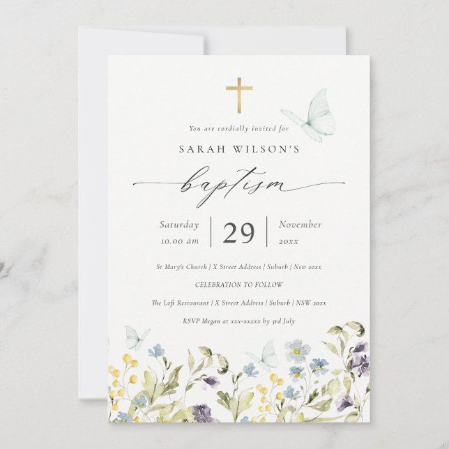 Tarjeta De Agradecimiento Curso azul dulce floral mariposa bautizo invitació (Anverso)